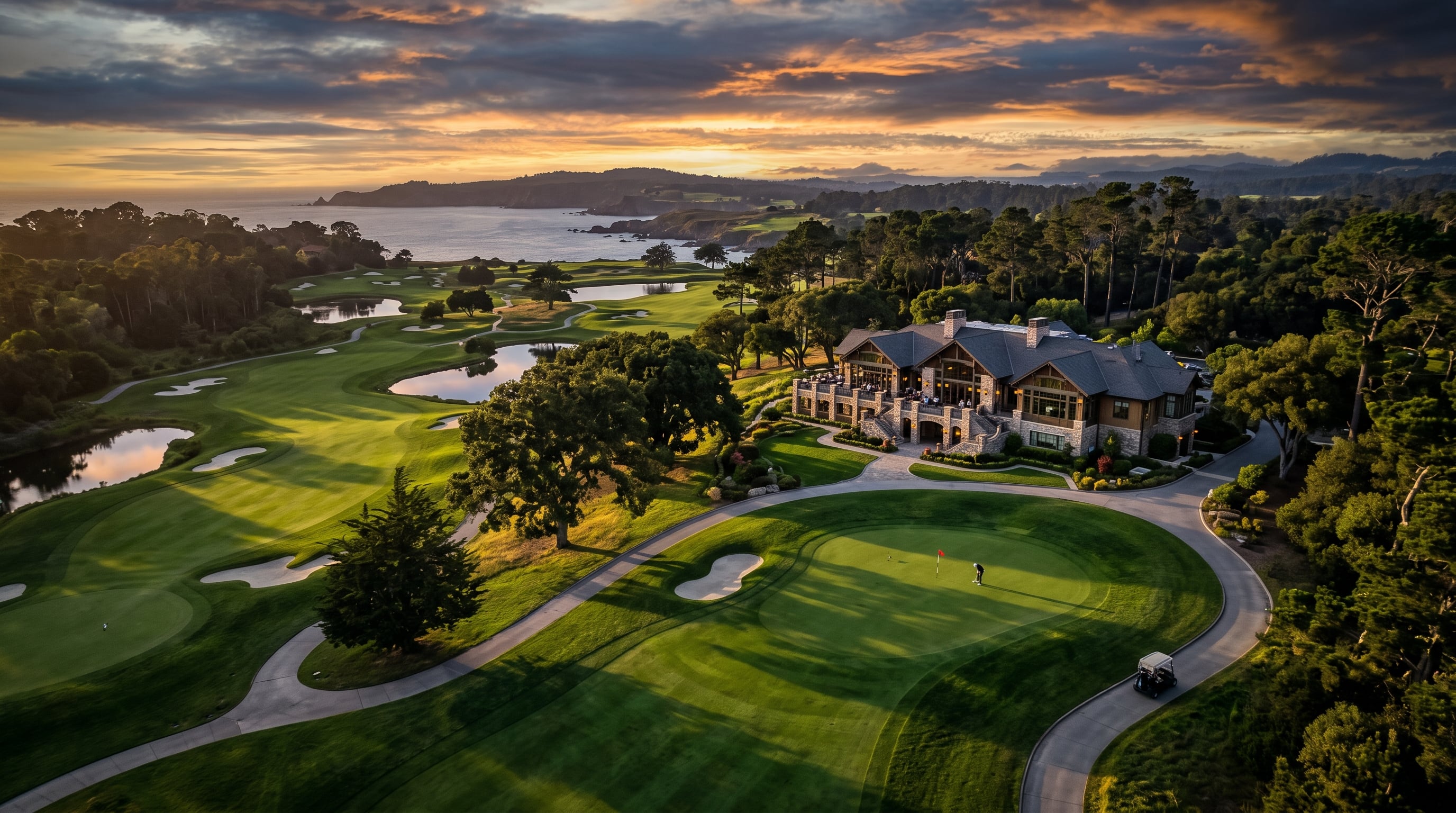 Championship golf course at golden hour with clubhouse